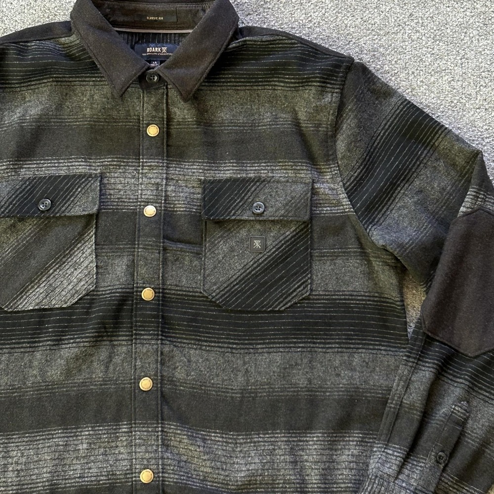 Roark Shirt Mens XL Gray Stripe Flannel Snap Front Classic Fit Pockets